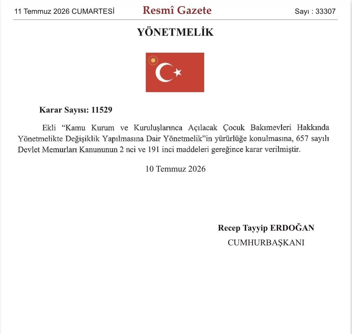 RESMİ GAZETE’DE YAYIMLANAN KARARLA KAMU KURUM VE KURULUŞLARININ PERSONELİNE YÖNELİK ÇOCUK...