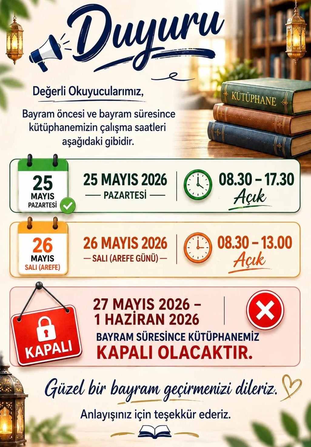 SİNOP DR. RIZA NUR İL HALK KÜTÜPHANESİ, KURBAN BAYRAMI ÖNCESİ VE BAYRAM SÜRESİNCE UYGULANACAK...