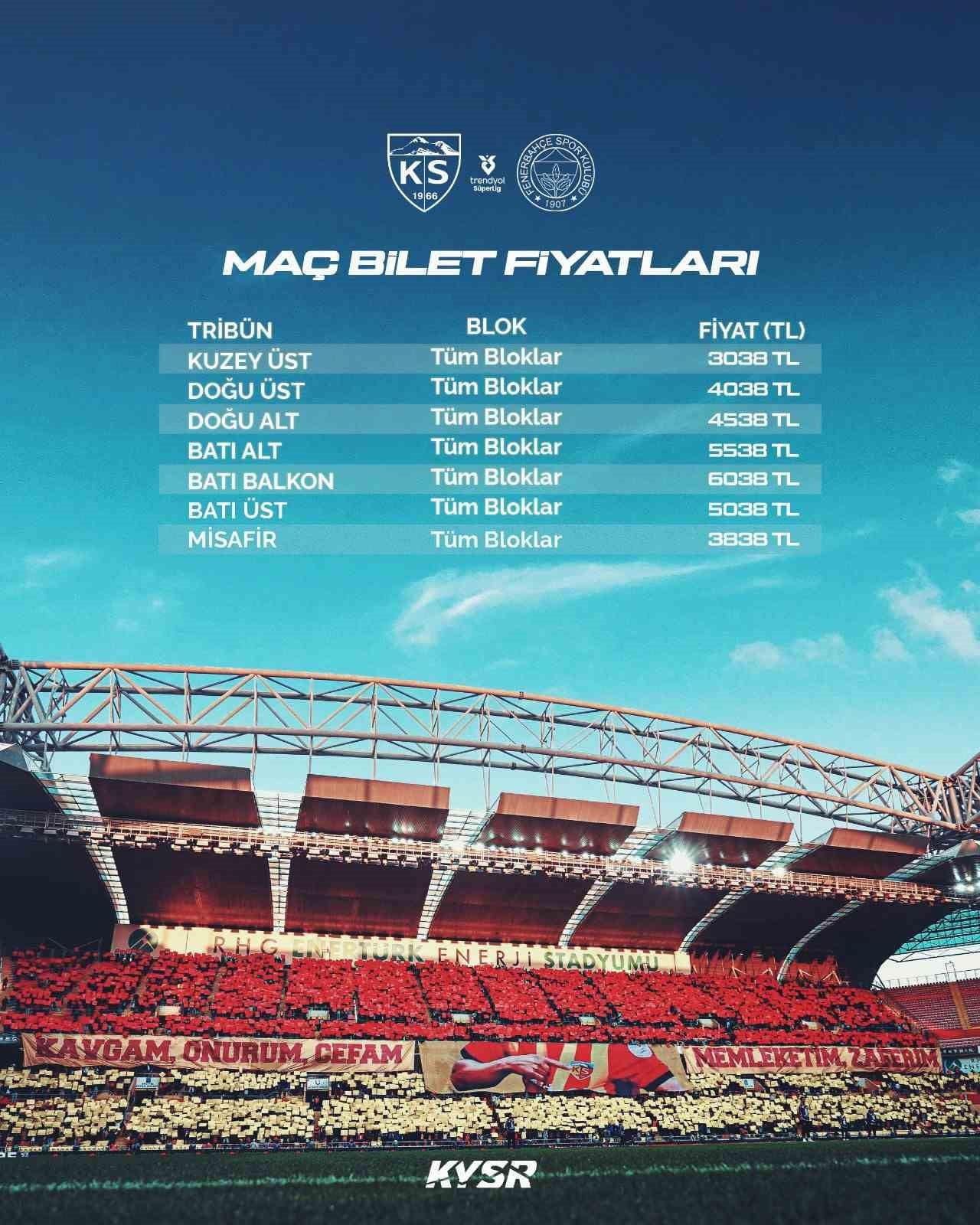 SÜPER LİG'DE KAYSERİSPOR İLE FENERBAHÇE ARASINDA OYNANACAK OLAN MAÇININ BİLET FİYATLARI BELLİ...