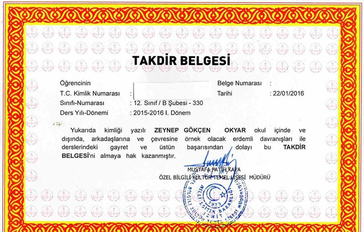 takdir belgesi