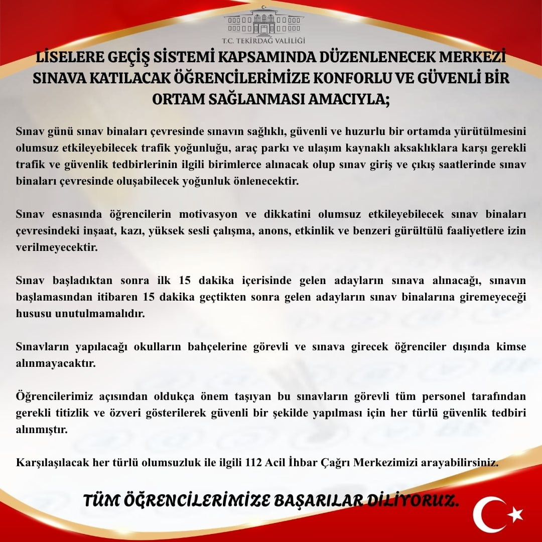 TEKİRDAĞ VALİLİĞİ, LİSELERE GEÇİŞ SİSTEMİ (LGS) KAPSAMINDA GERÇEKLEŞTİRİLECEK MERKEZİ SINAV...