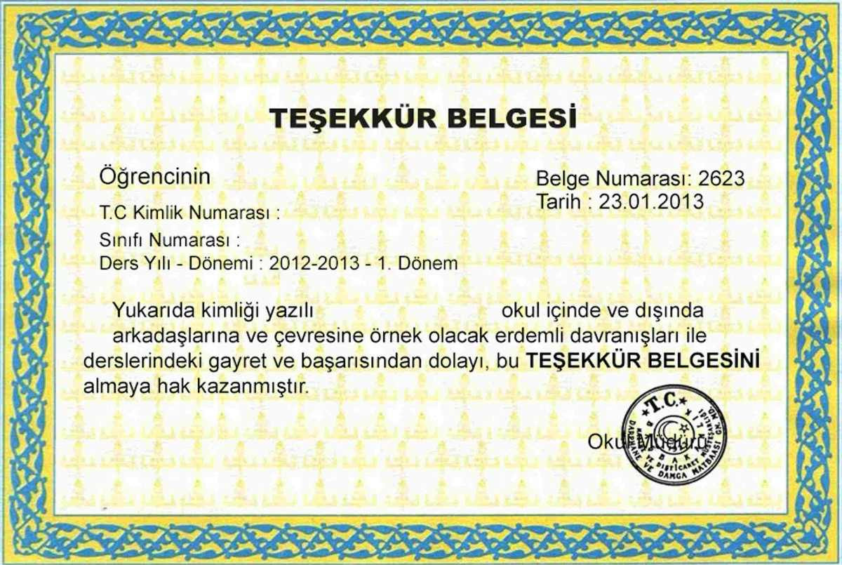 teşekkür belgesi