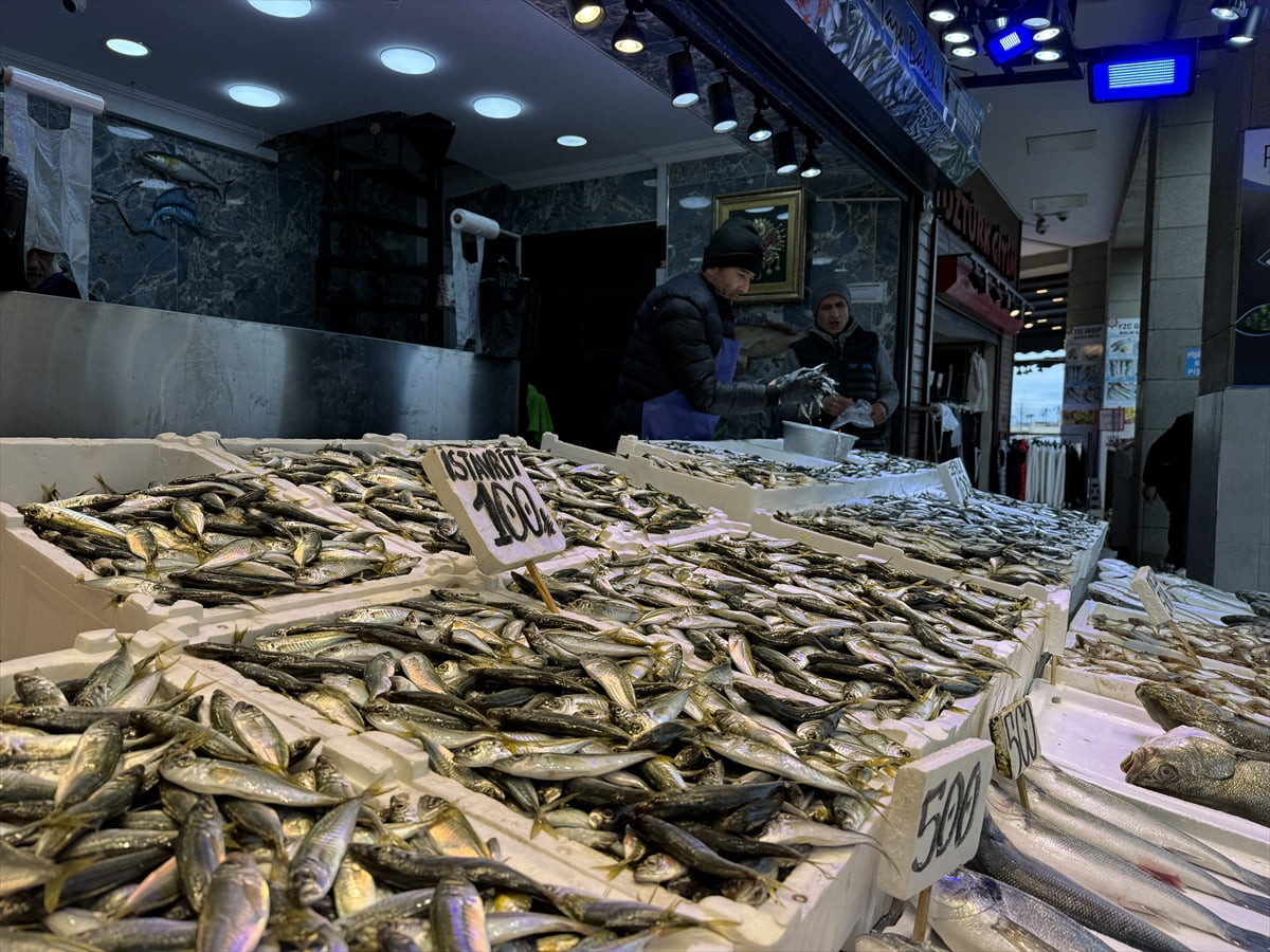 Trabzon'daki balıkçı tezgahlarında hamsi ve istavrit, kilogramı 100 liradan satışa sunuluyor....