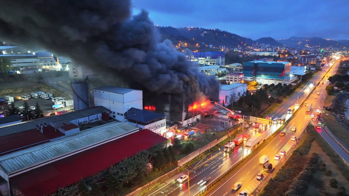 Trabzon'un Arsin ilçesinde bir fındık fabrikasının deposunda çıkan yangına itfaiye ekipleri...