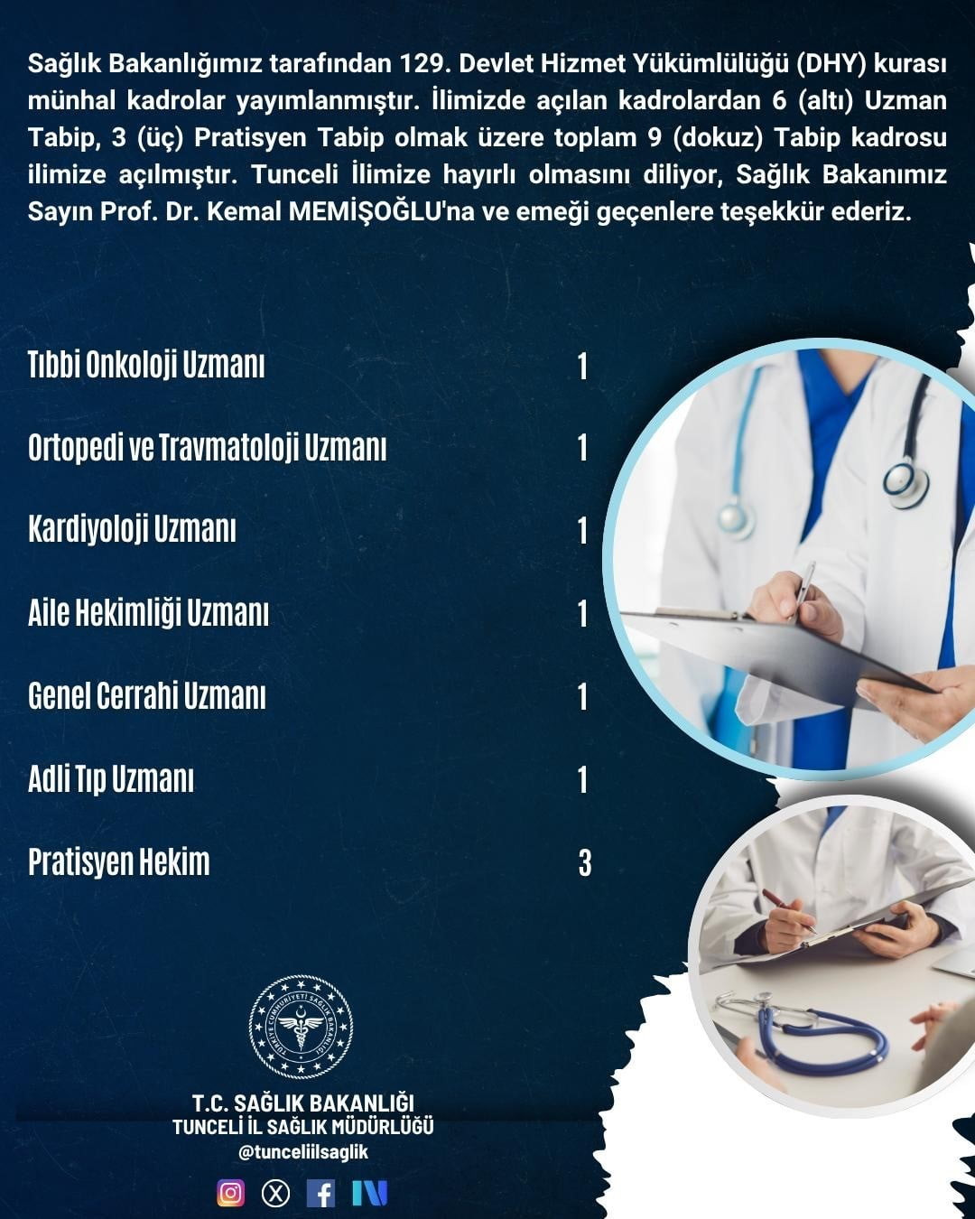 TUNCELİ’YE 9 HEKİM KADROSU TAHSİS EDİLDİ
