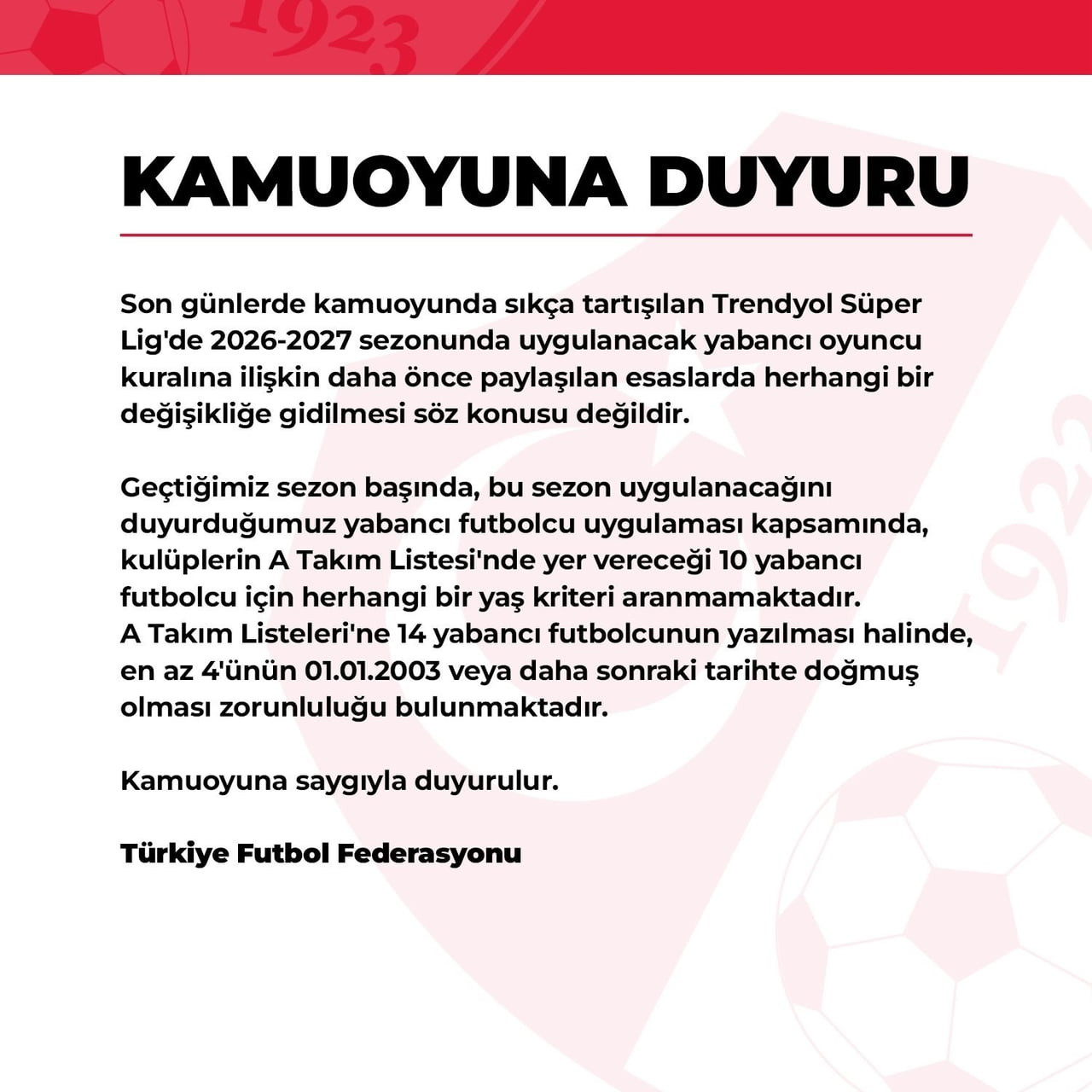 TÜRKİYE FUTBOL FEDERASYONU, 2026-2027 SEZONUNDA UYGULANACAK YABANCI OYUNCU KURALINDA HERHANGİ BİR...