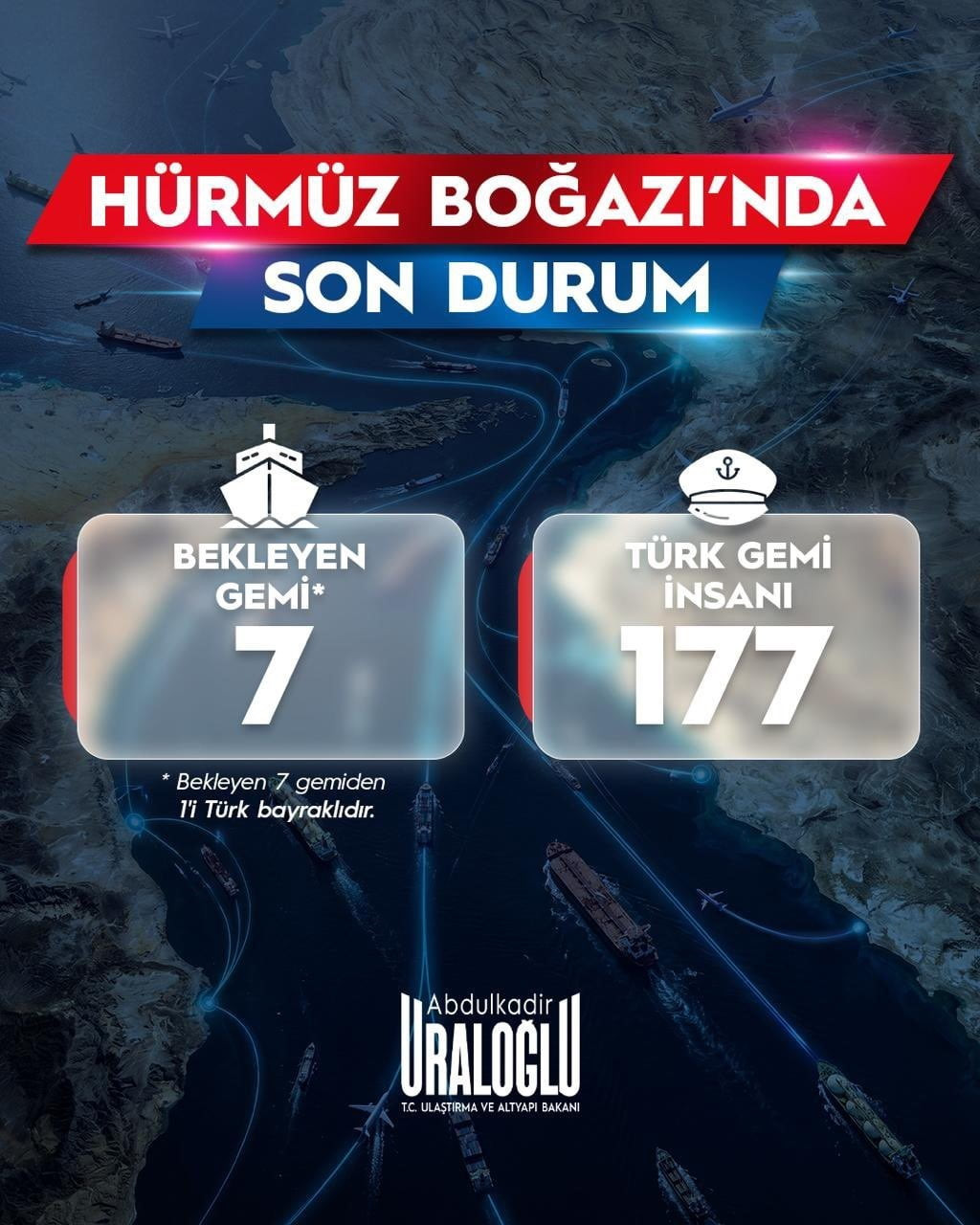 ULAŞTIRMA VE ALTYAPI BAKANI ABDULKADİR URALOĞLU, HÜRMÜZ BOĞAZI’NDAN GEÇEN TÜRK GEMİLERİNE İLİŞKİN...