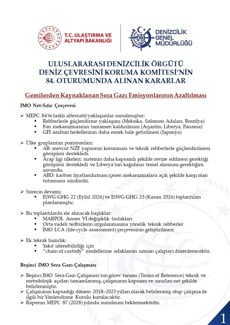 ULUSLARARASI DENİZCİLİK ÖRGÜTÜ (IMO) DENİZ ÇEVRESİNİ KORUMA KOMİTESİ’NİN (MEPC) 84’ÜNCÜ OTURUMUNDA...
