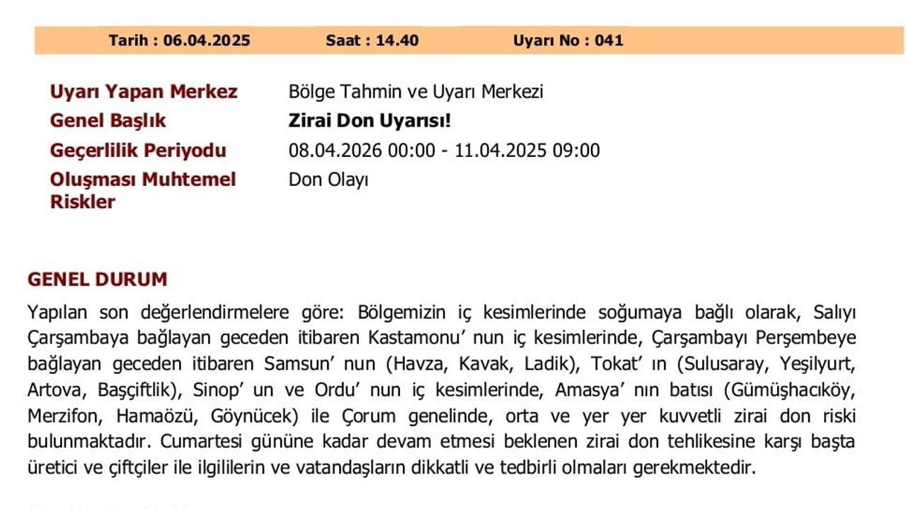 Zirai Don Uyarısı: Orta Karadeniz İçin Kritik Günler